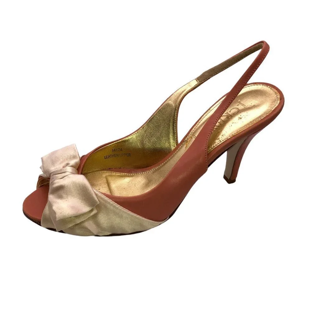 J Crew Womens Size 7 Pink Leather Bow Slip On Peep Toe Slingback Heels Shoes